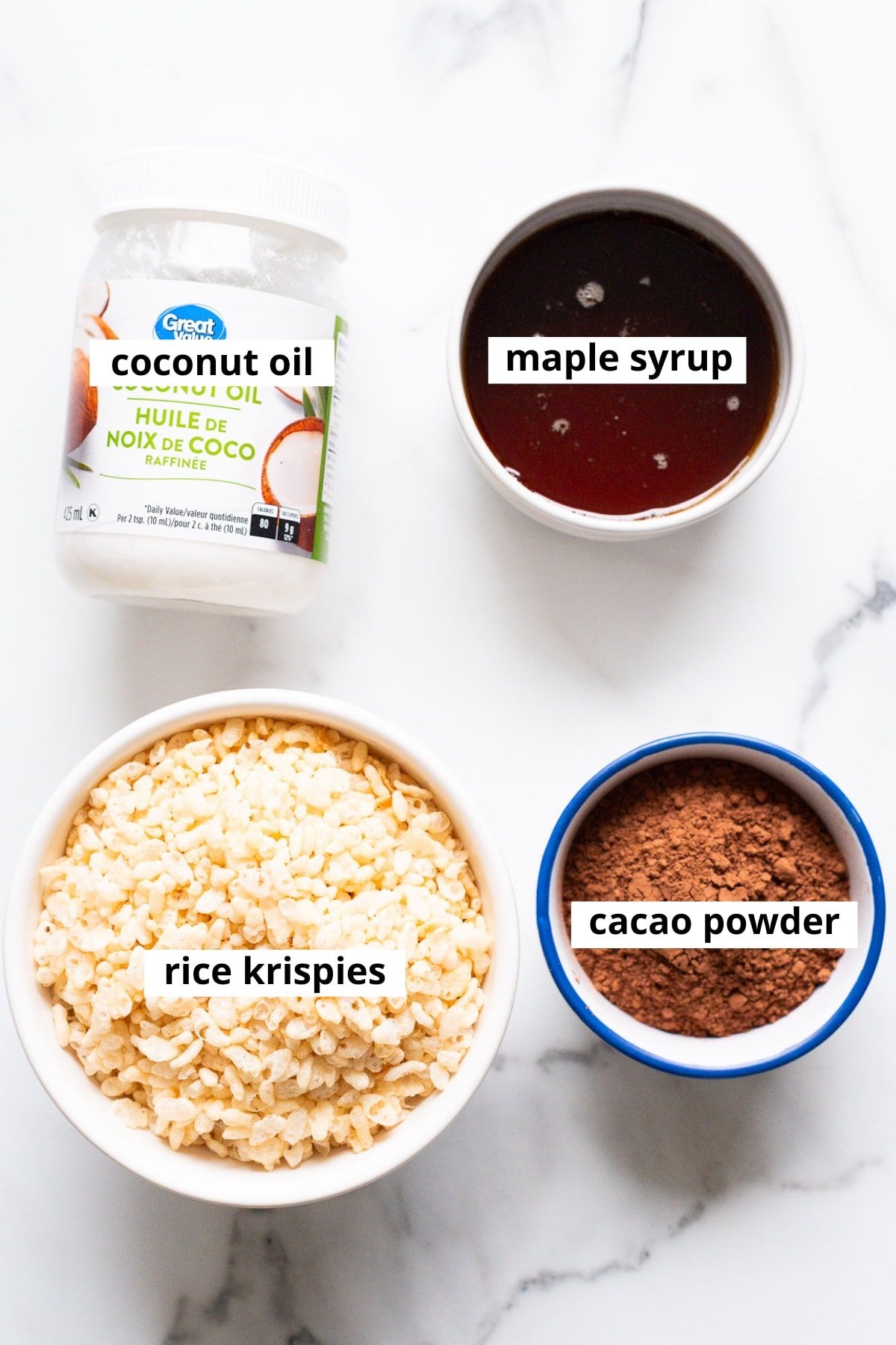 Coconut oil, maple syrup, rice krispies, cacao powder.