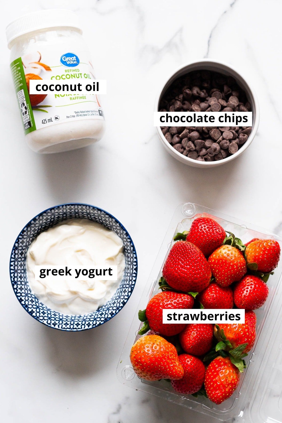 Strawberries, Greek yogurt, chocolate chips, coconut oil.