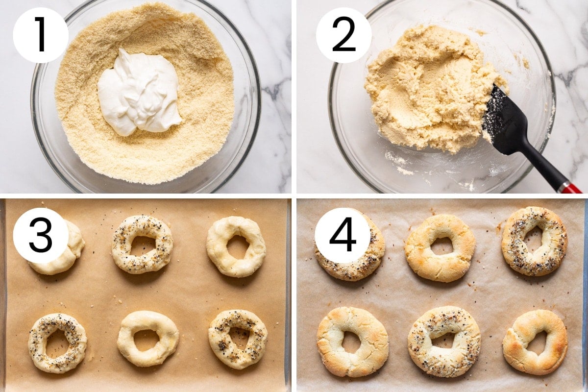 Step by step process how to make almond flour bagels with Greek yogurt.