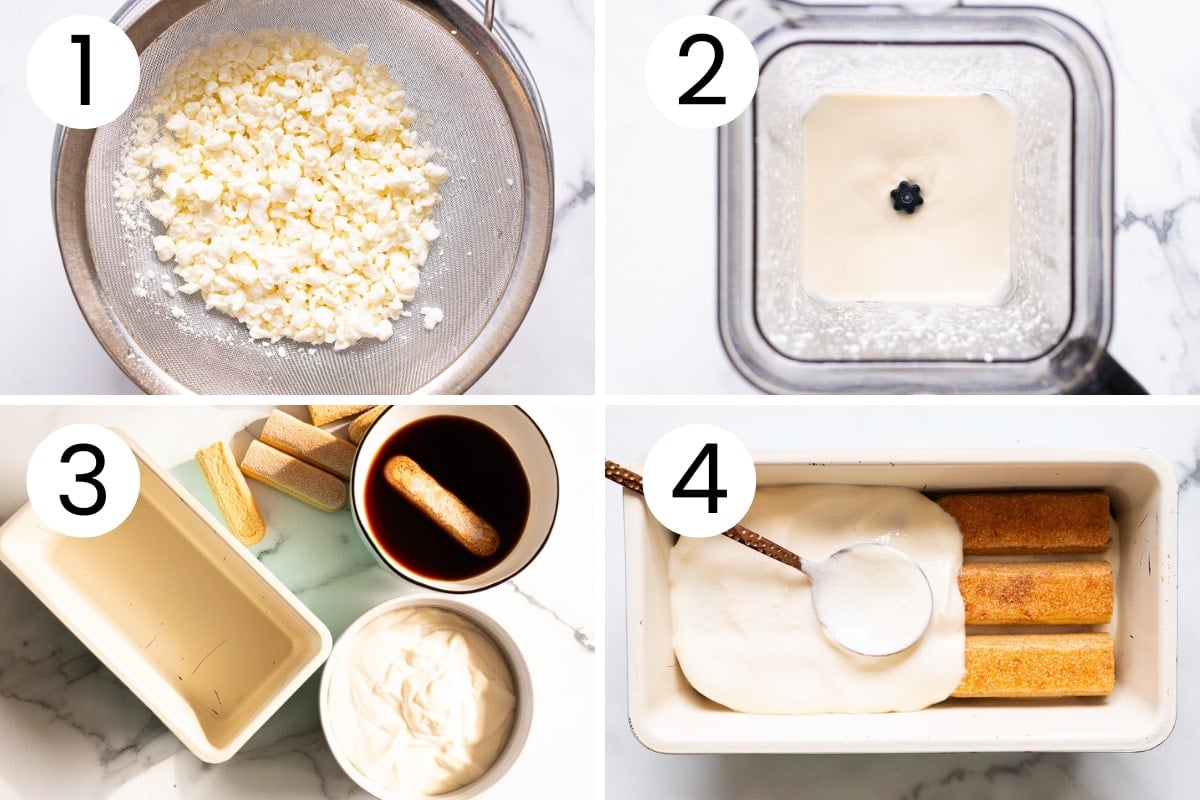 Step by step process how to make tiramisu with cottage cheese.
