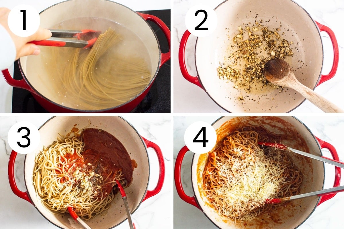Step by step process how to make easy spaghetti recipe in one pot.
