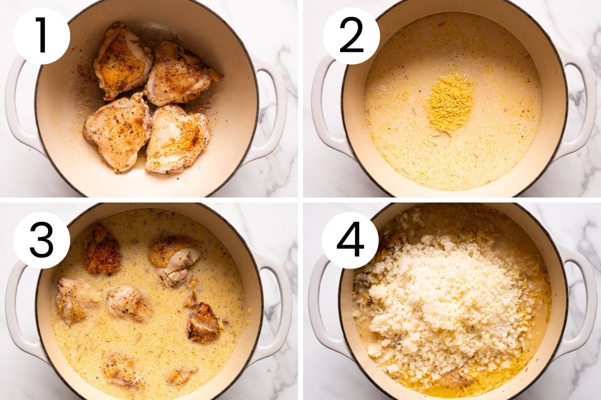 Step by step process how to make lemon chicken orzo in one pan.