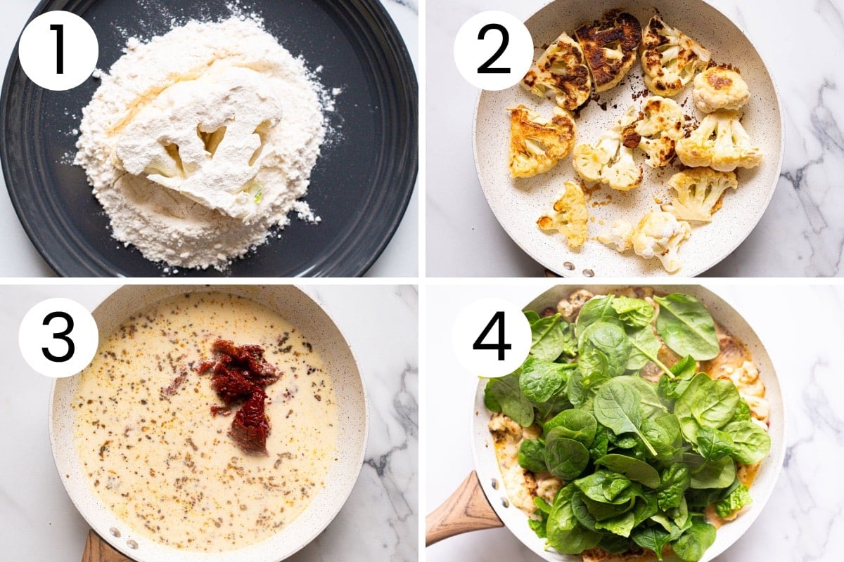 Step by step process how to make cauliflower with marry me sauce in a skillet.