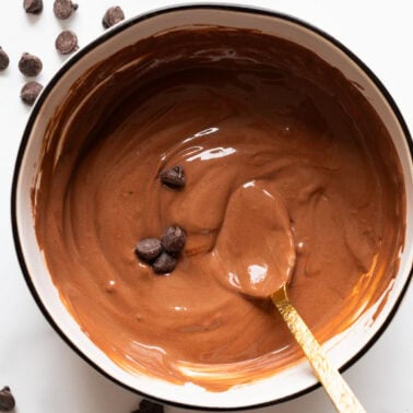 Greek yogurt chocolate pudding with chocolate chips in a bowl with a spoon.