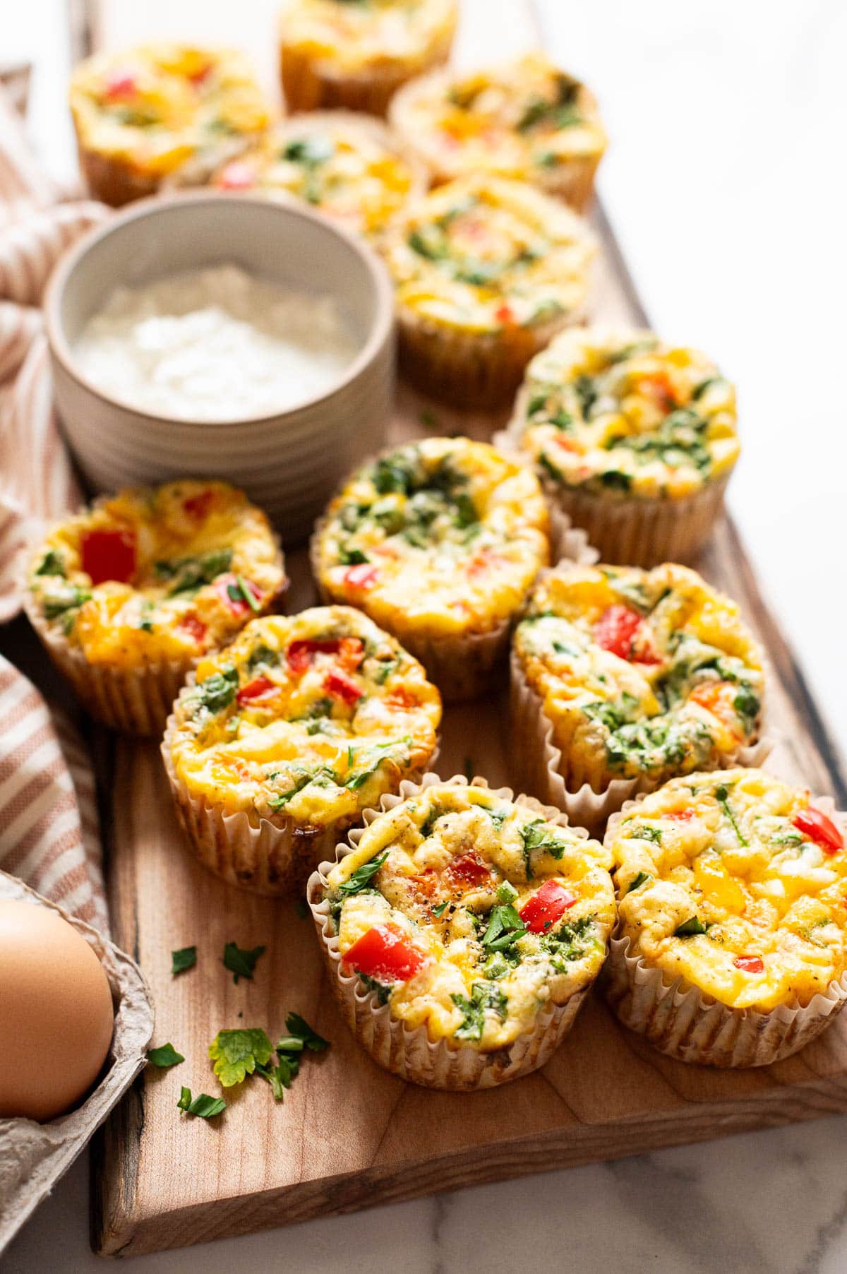 Side view of egg muffins served on a platter.