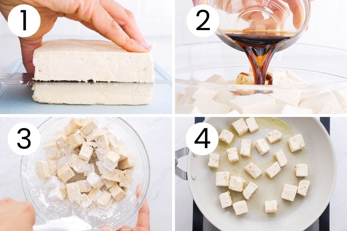 Step by step process how to marinate and fry tofu in a skillet.