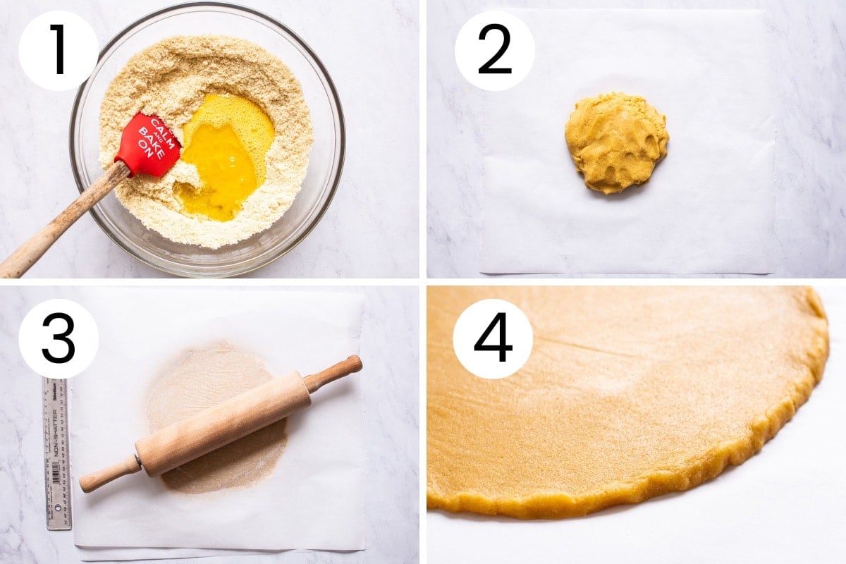 Step by step process how to make almond flour pizza dough and roll it out.