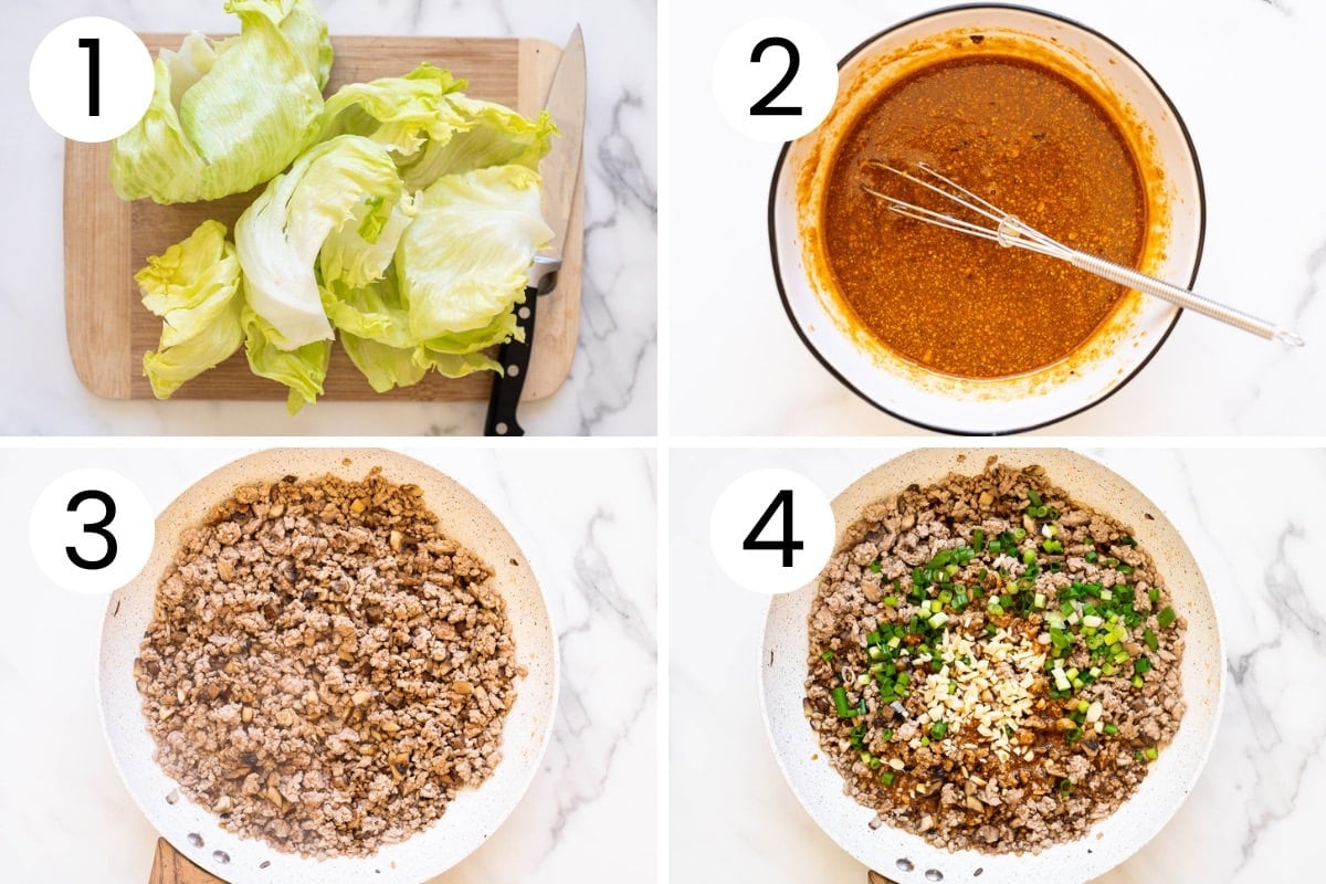 Step by step process how to prepare turkey lettuce wraps.