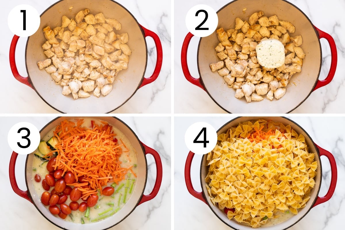 Step by step process how to make chicken pasta primavera in a pot.