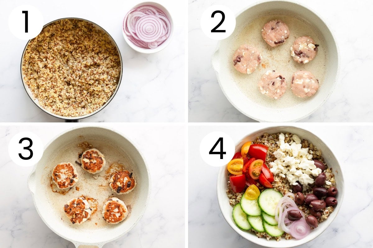 Step by step process how to make Greek turkey burgers bowl style.