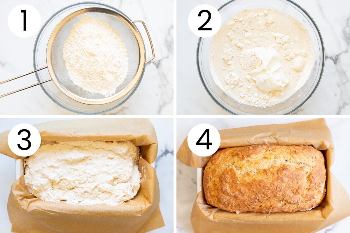 Step by step process how to make bread with Greek yogurt in a loaf pan.