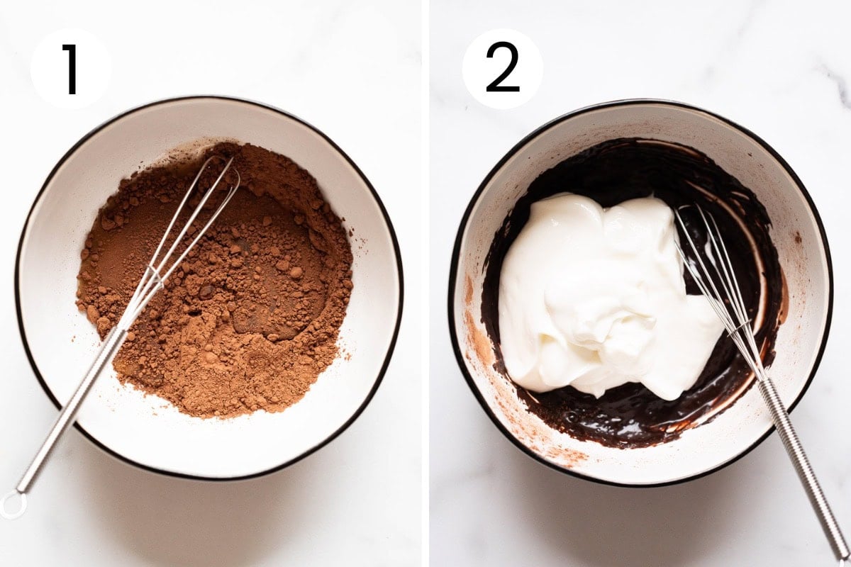 Step by step process how to make Greek yogurt pudding with chocolate.
