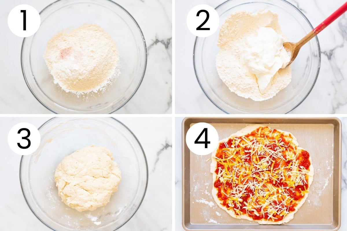 Step by step process how to make Greek yogurt pizza crust.