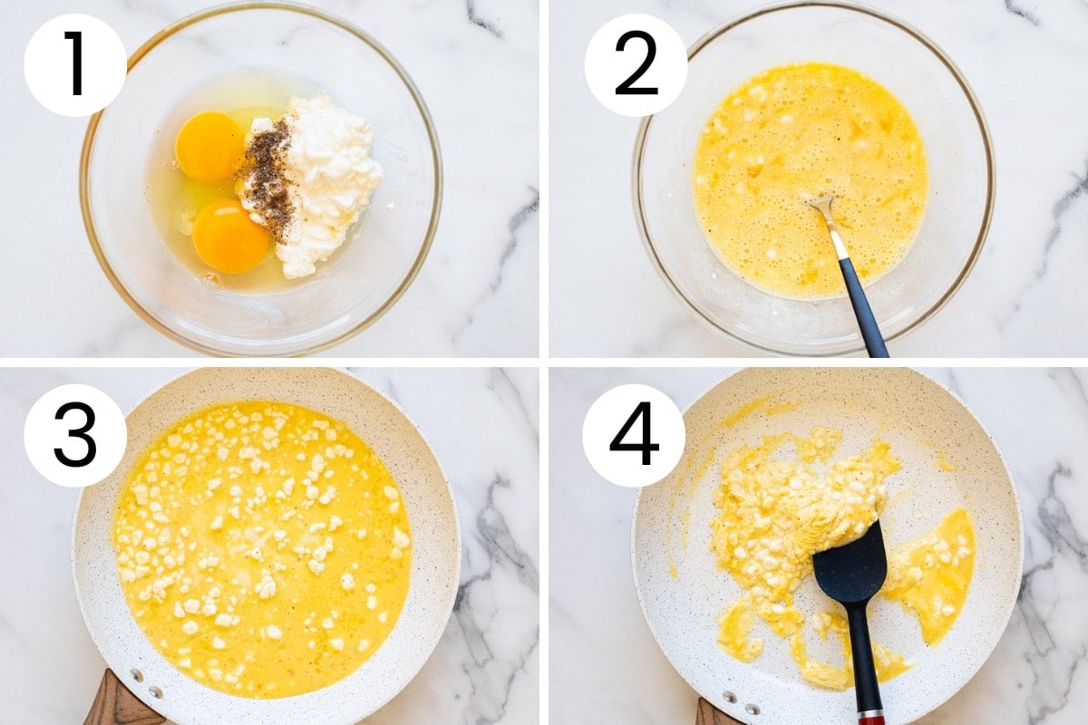 Step by step process how to make scrambled eggs with cottage cheese.