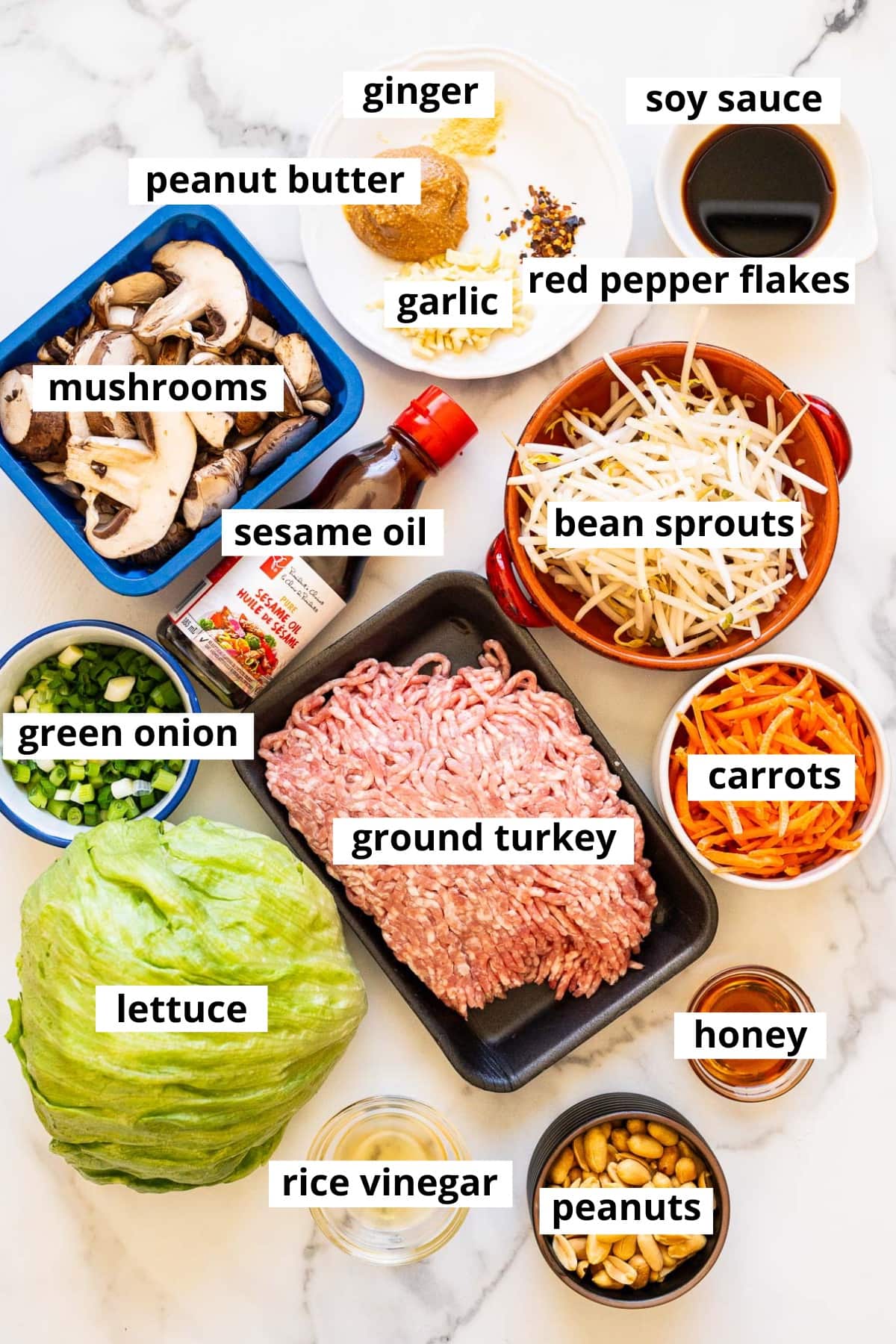 Ground turkey, iceberg lettuce, carrots, green onion, bean sprouts, honey, peanuts, rice vinegar, sesame oil, mushrooms, soy sauce, red pepper flakes, garlic, peanut butter, ginger.