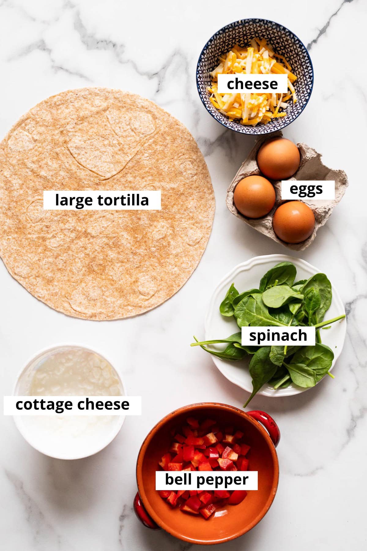 Tortilla, eggs, cheese, spinach, bell pepper, cottage cheese.