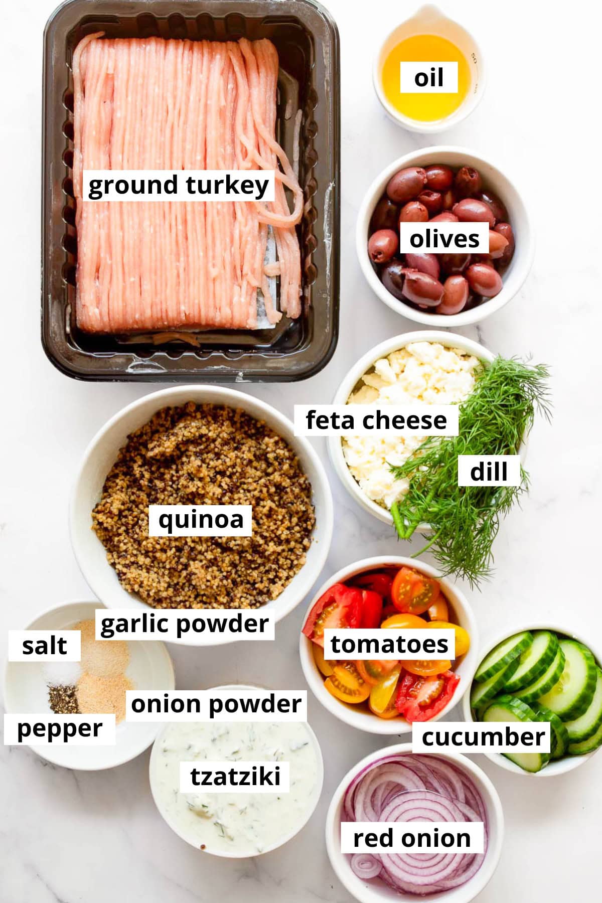 Ground turkey, olives, oil, feta cheese, dill, quinoa, tomatoes, cucumber, tzatziki, red onion, garlic powder, onion powder, salt and pepper.