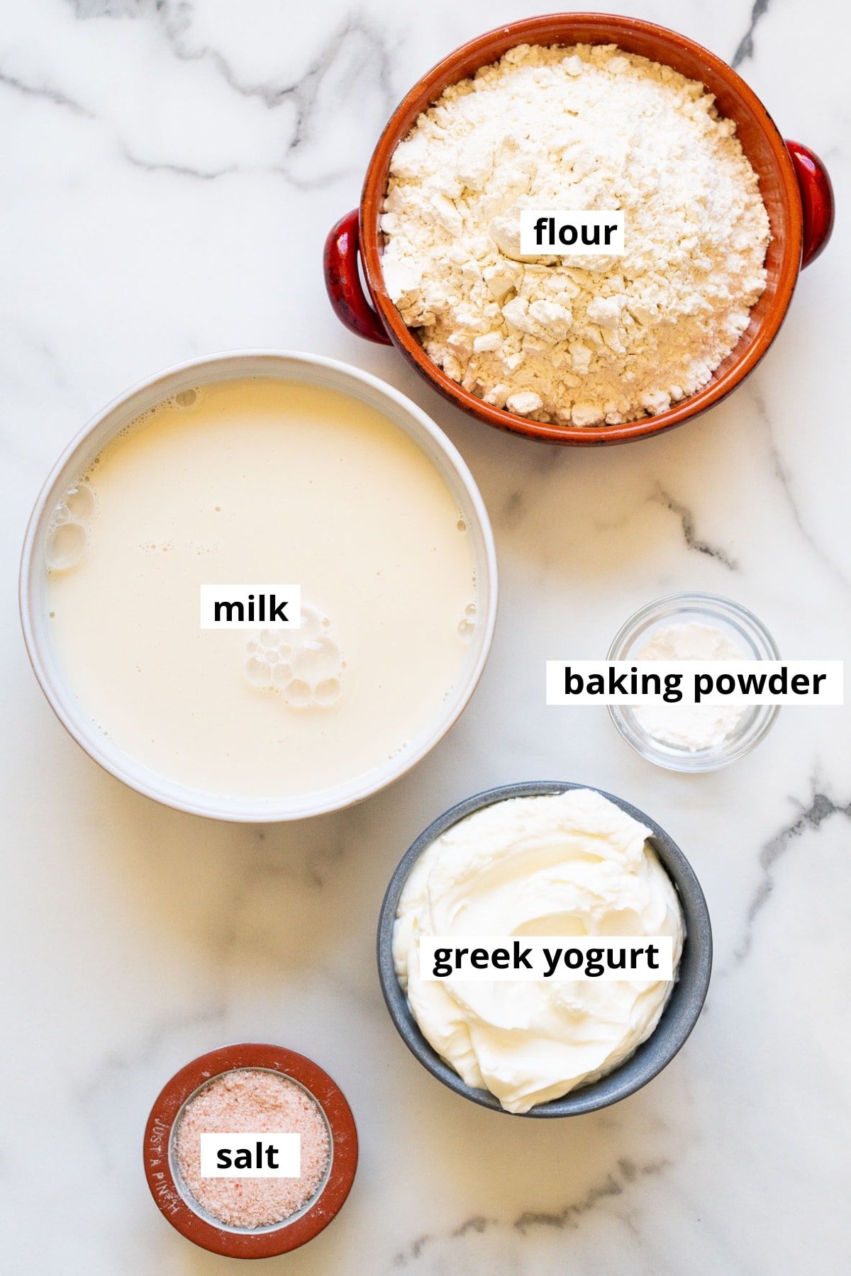 Flour, milk, Greek yogurt, baking powder, salt.