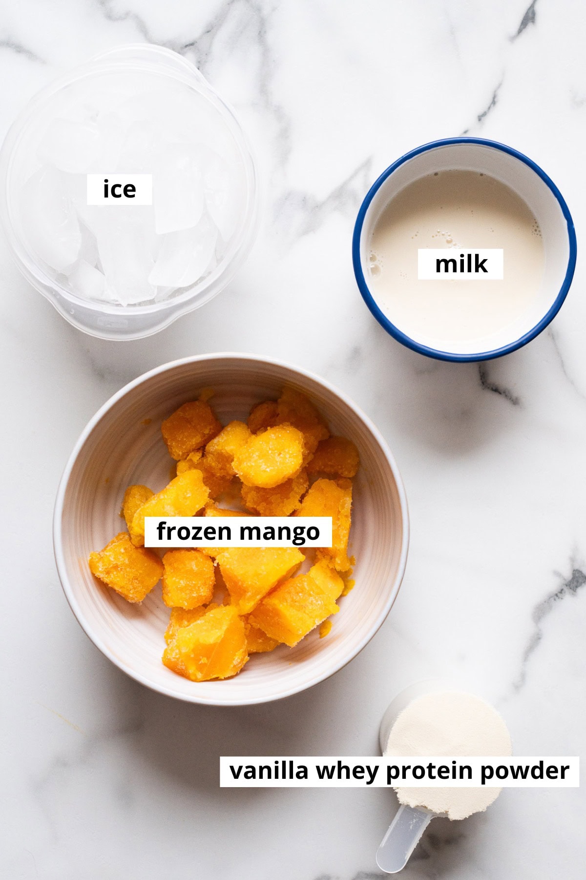 Frozen mango, protein powder, milk, ice.