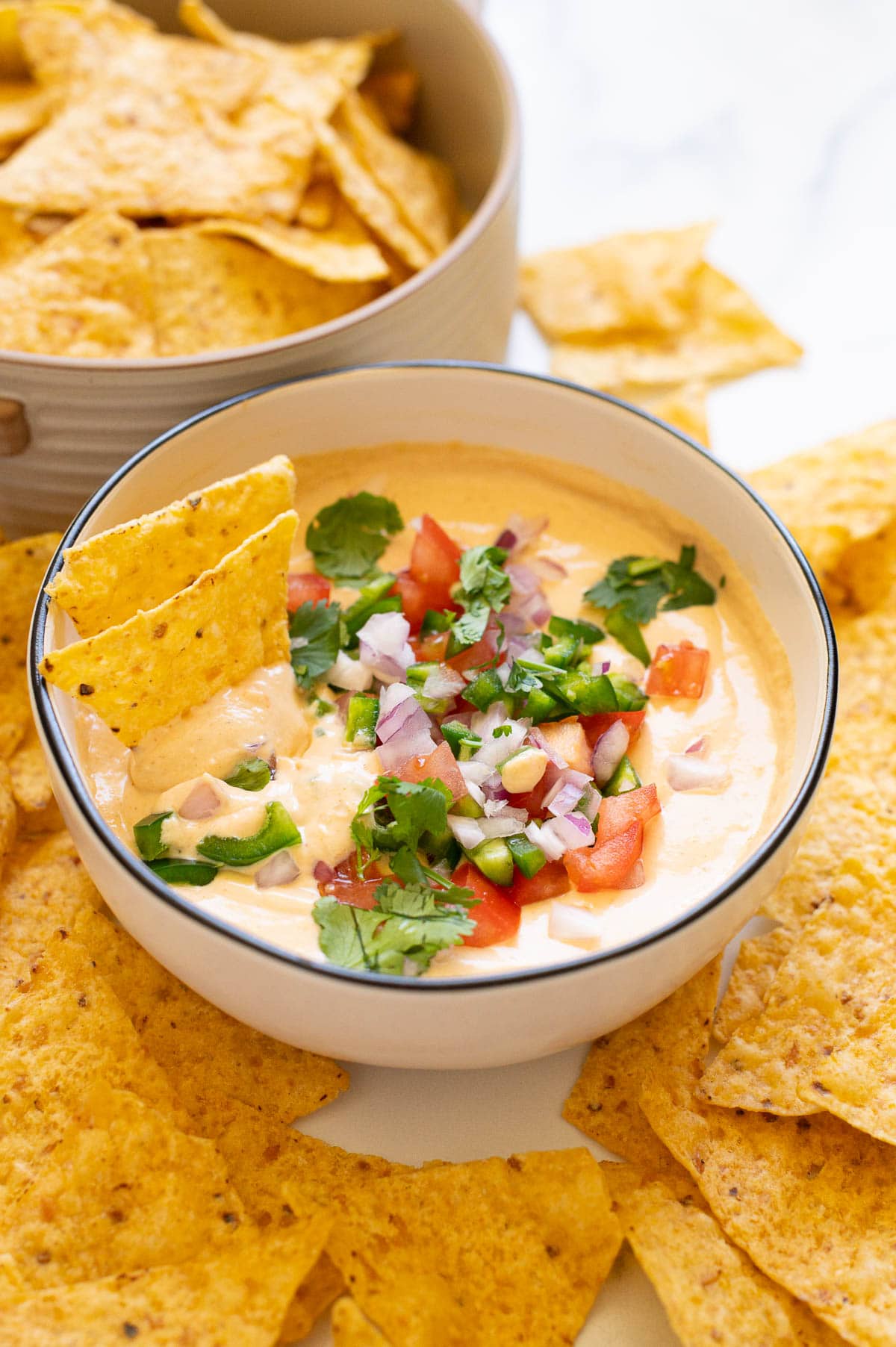Cottage cheese queso dip with tomatoes, red onion, jalapeno and cilantro in a bowl with tortilla chips.
