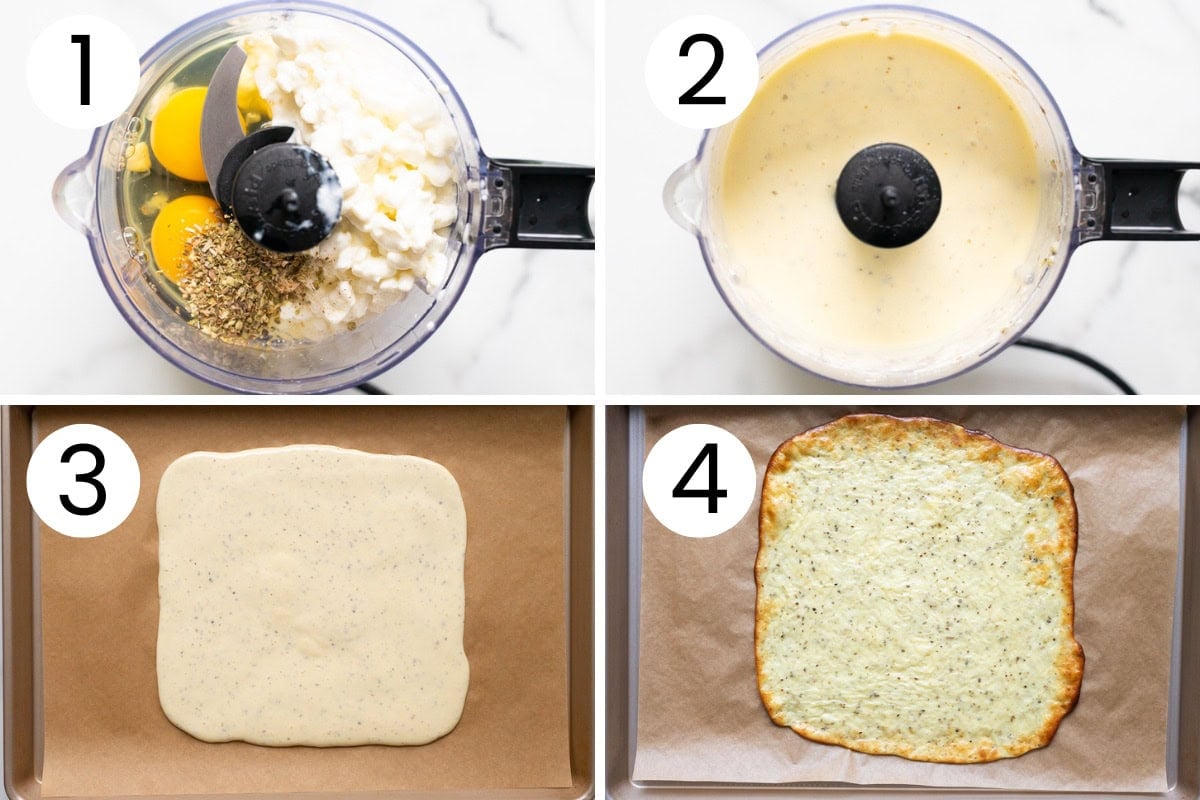 Step by step process how to make cottage cheese flatbread in a food processor and bake in the oven.