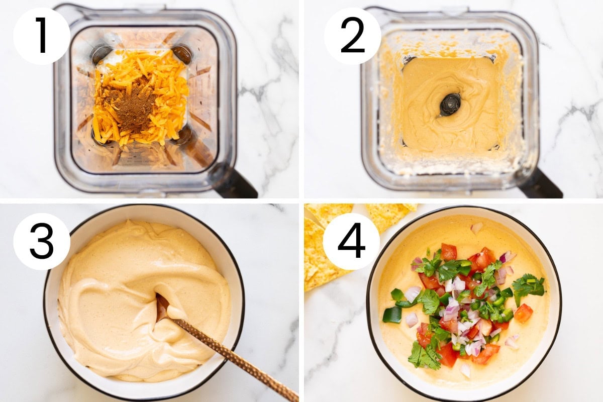 Step by step process how to make quarter cheese queso dip in a blender then transfer to bowl and top with toppings.
