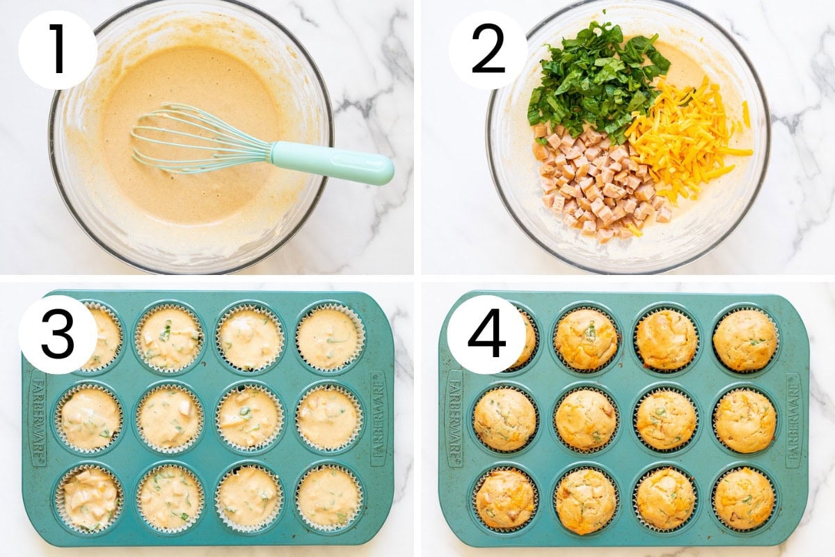 Step by step process how to make sausage pancake muffins.