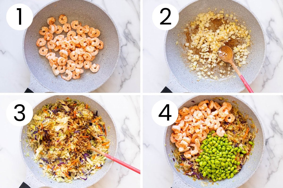 Step by step process how to make egg roll in a bowl with shrimp.