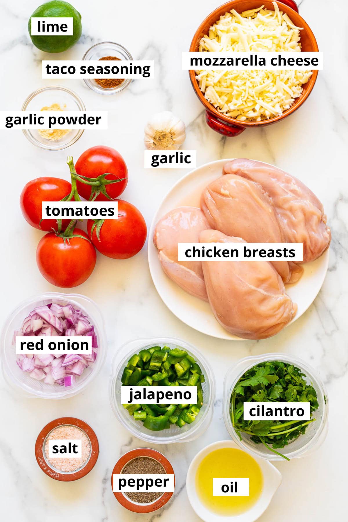 Chicken breasts, mozzarella cheese, lime, garlic, garlic powder, taco seasoning, tomatoes, red onion, jalapeno, cilantro, oil, salt and pepper.