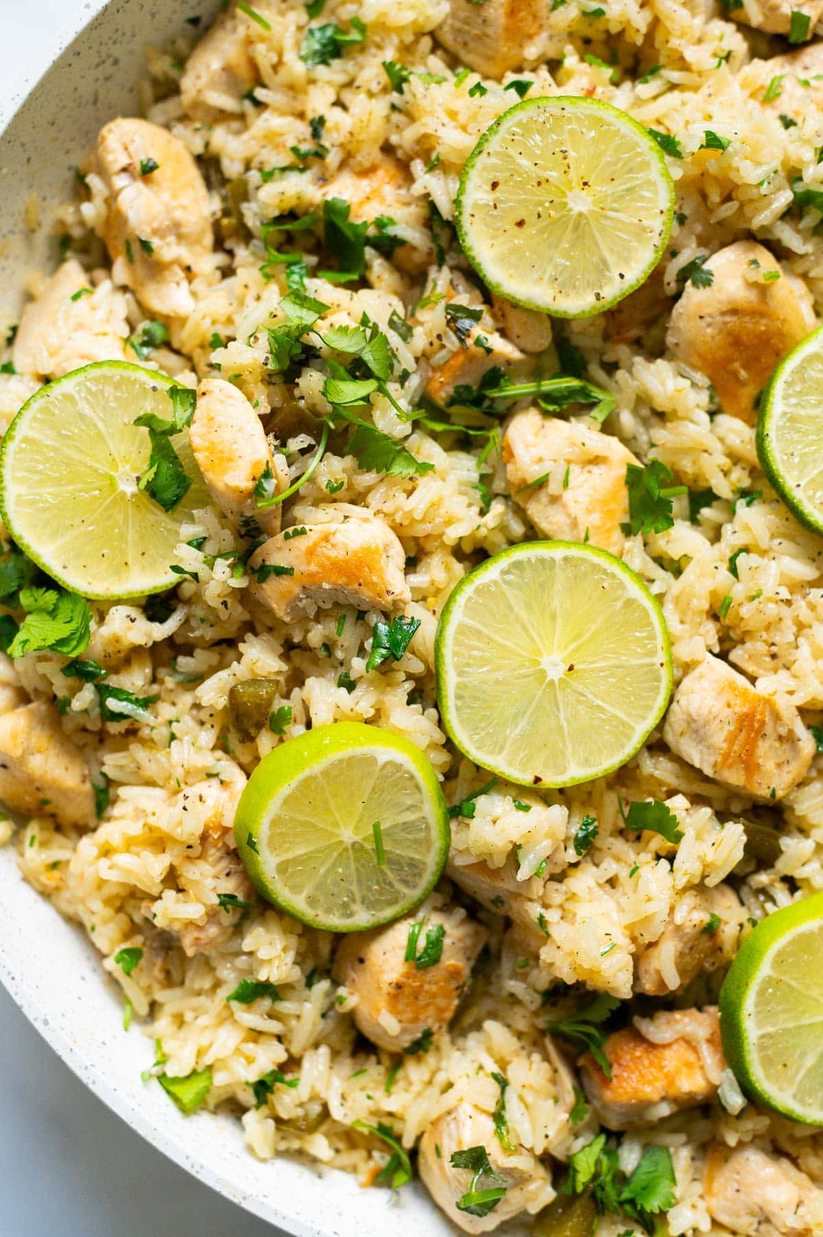 Close up of chicken and rice with lime and cilantro.