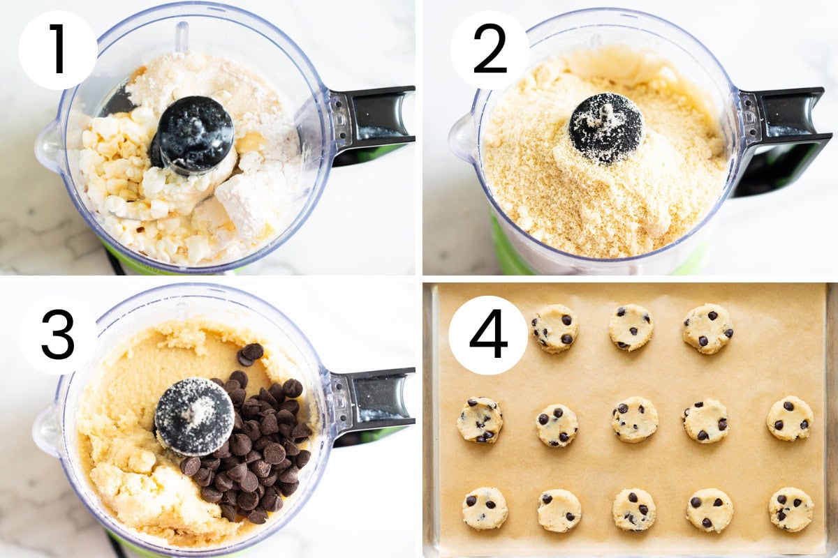 Step by step process how to make cottage cheese chocolate chip cookies in a food processor.