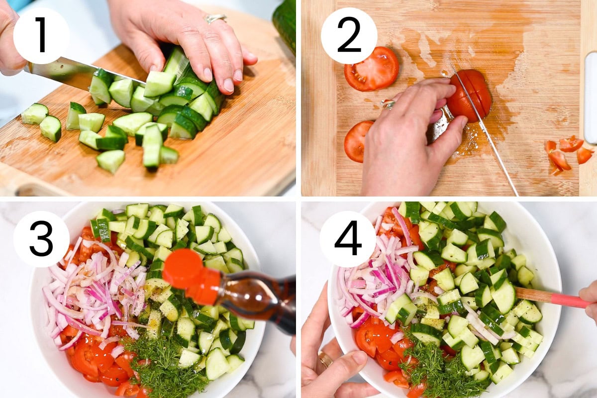 Step by step process how to make cucumber and tomato salad.