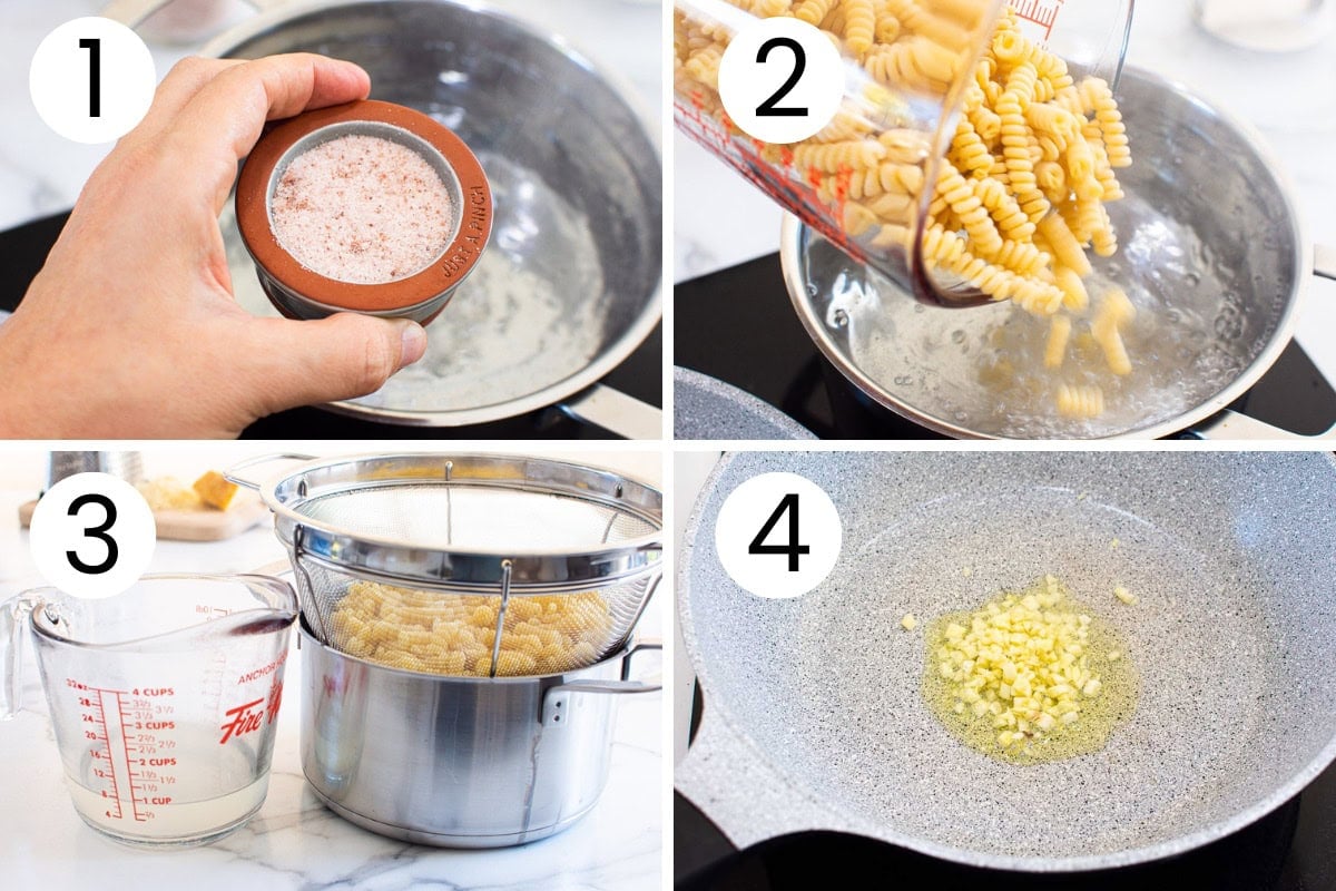 Step by step process how to cook pasta in a pot and saute garlic in a skillet.