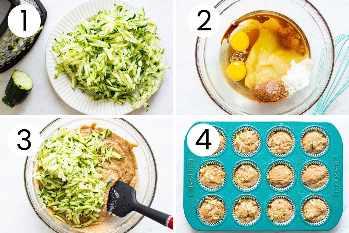 Step by step process how to make healthy zucchini muffins.