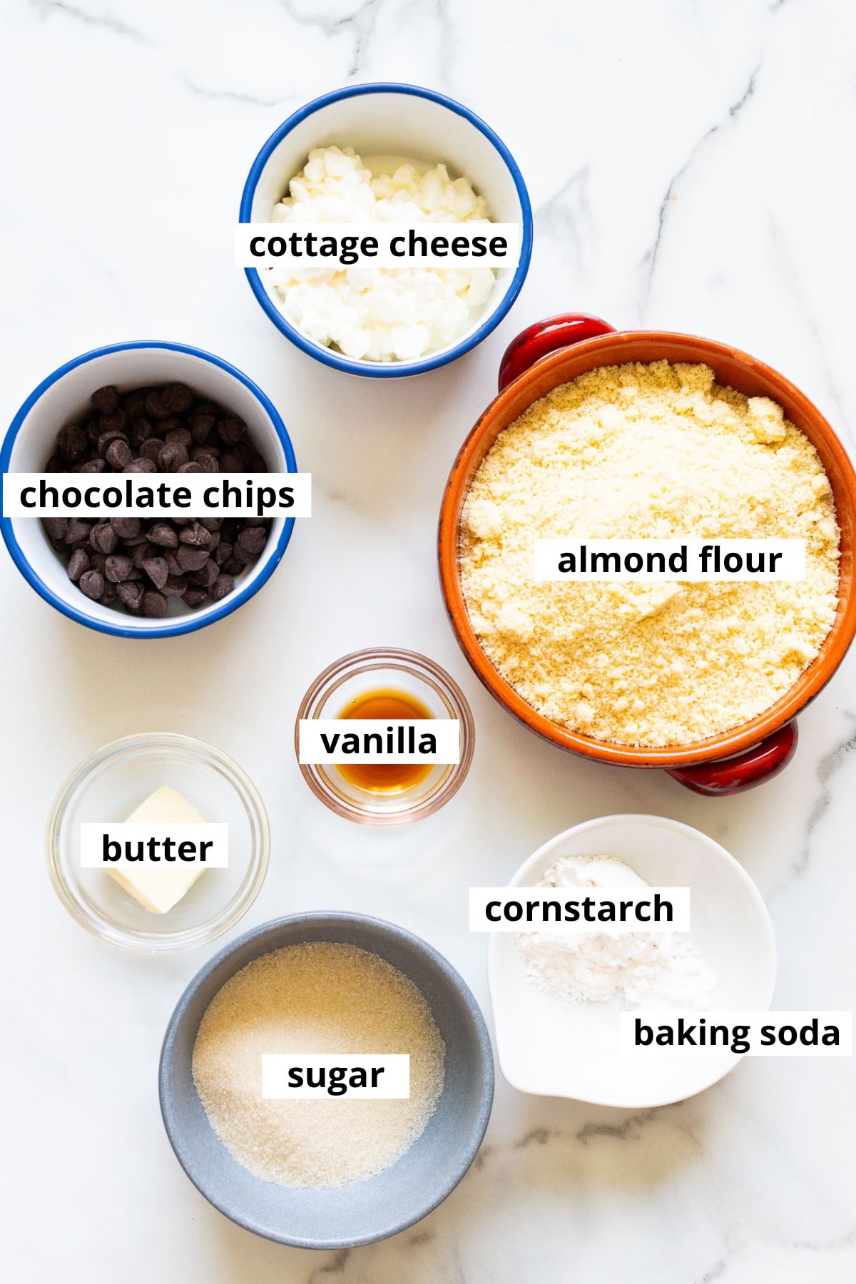 Cottage cheese, almond flour, chocolate chips, vanilla, butter, cornstarch, baking soda, sugar.