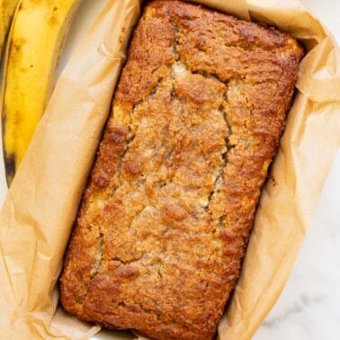 Baked cottage cheese banana bread in a loaf pan.
