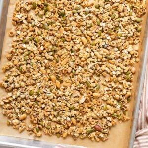 High protein granola on a baking sheet.