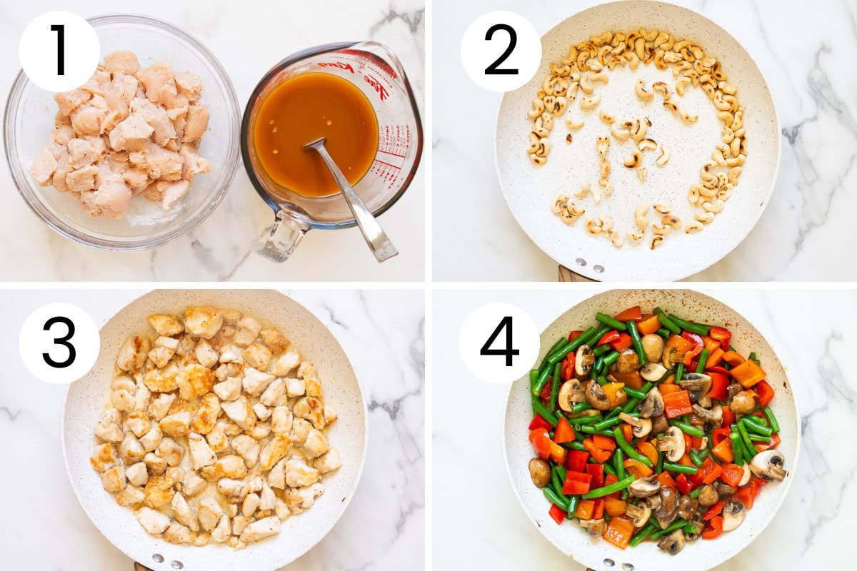 Step by step process how to make chicken with cashew nuts.