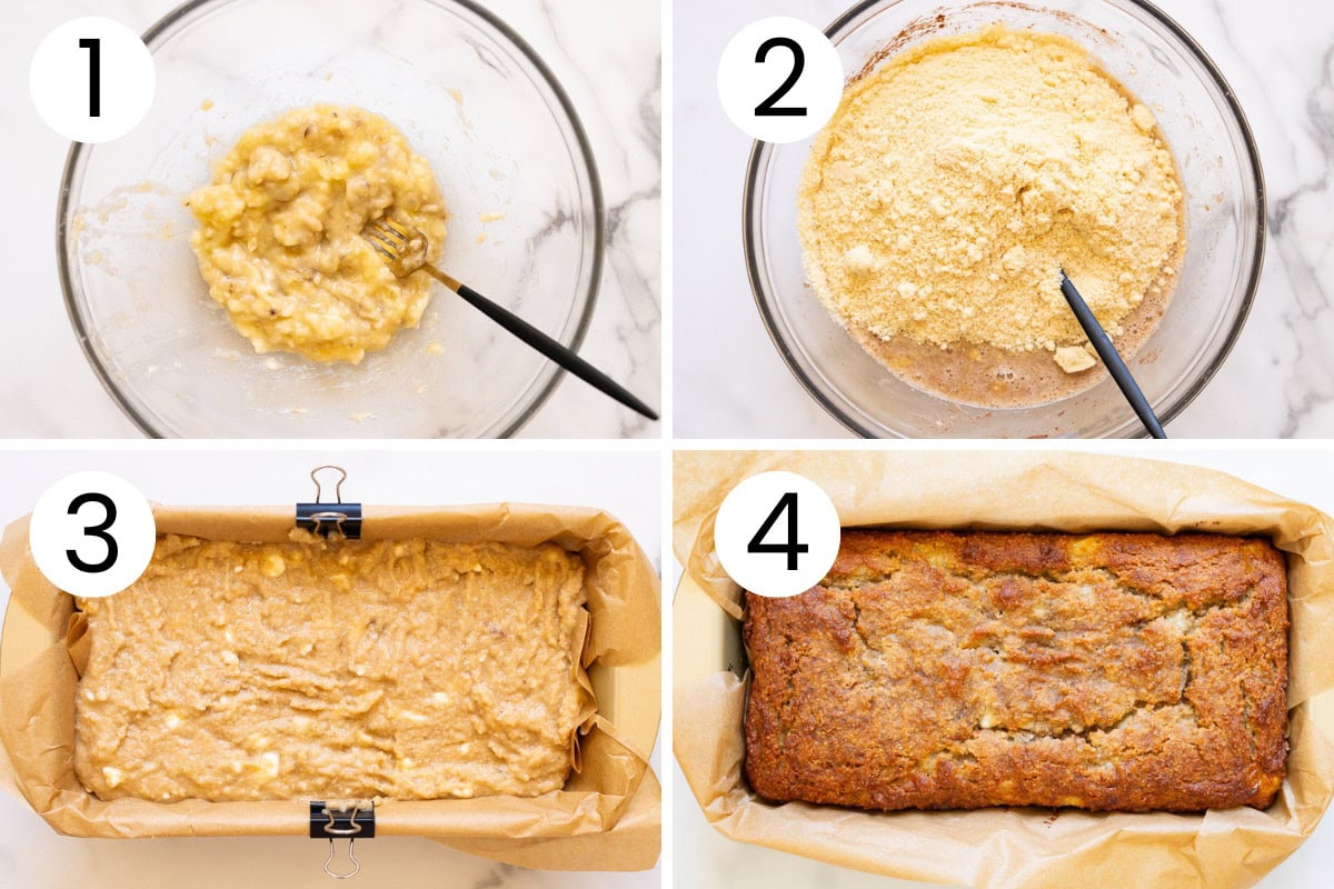 Step by step process how to make banana bread with cottage cheese.