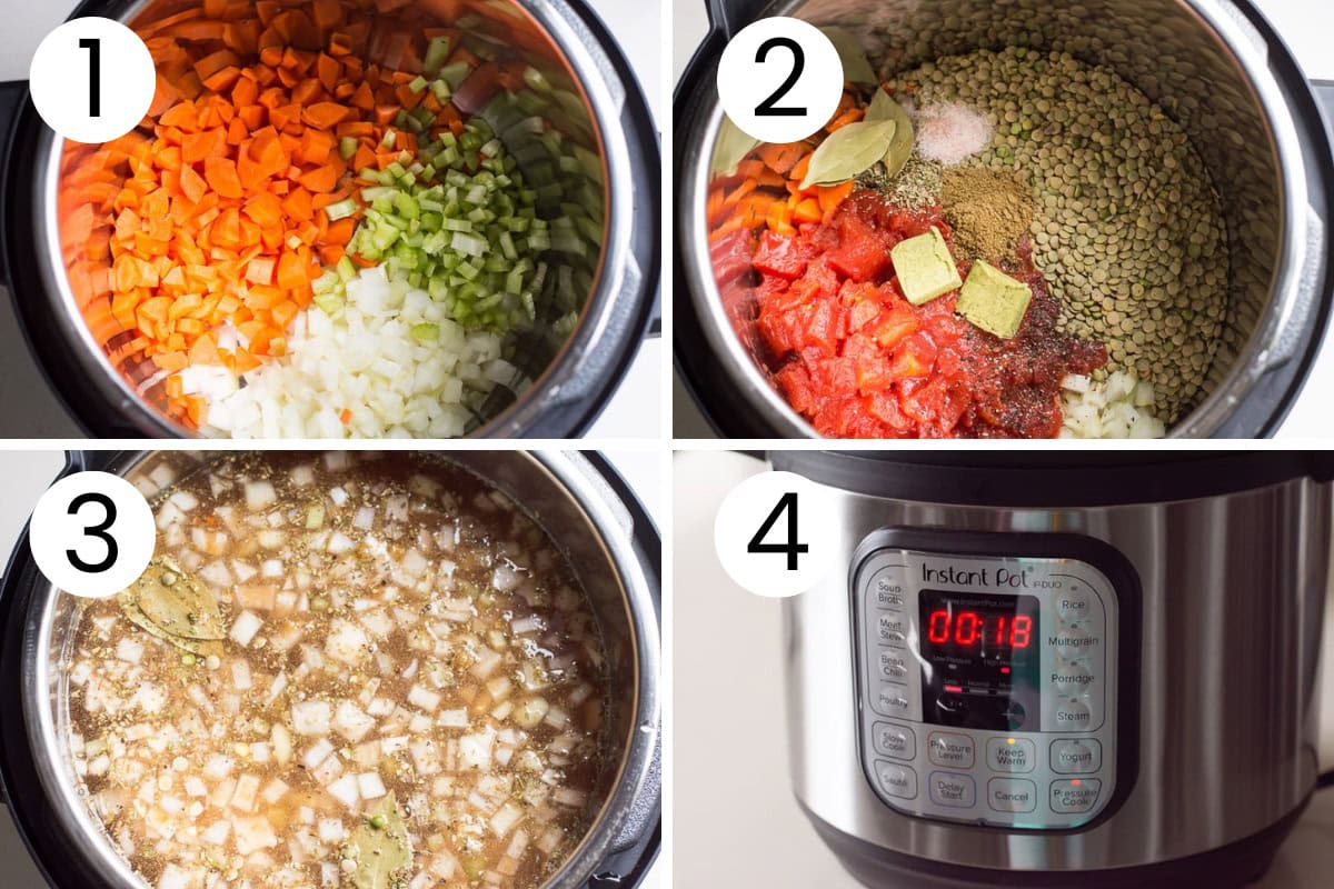 Step by step process how to prep lentil soup in Instant Pot.
