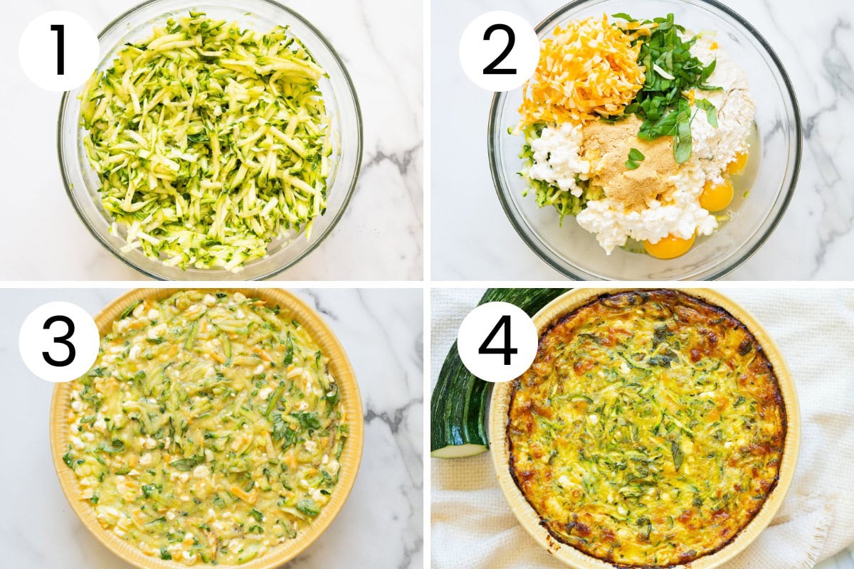 Step by step process how to make cottage cheese quiche with zucchini.