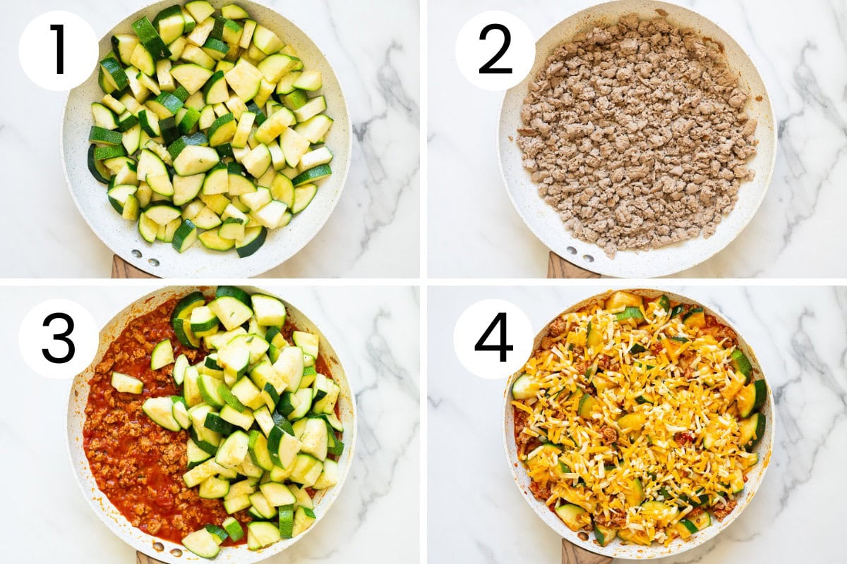 Step by step process how to make healthy zucchini pizza skillet.