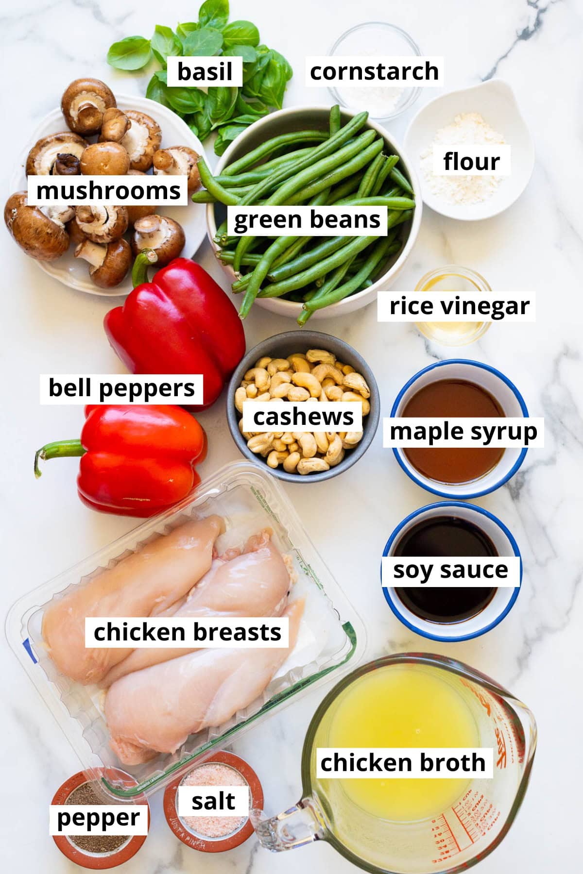 Chicken breasts, bell peppers, mushrooms, green beans, cashews, flour, cornstarch, basil, rice vinegar, 