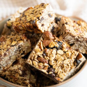 Sliced protein granola bars in a dish.