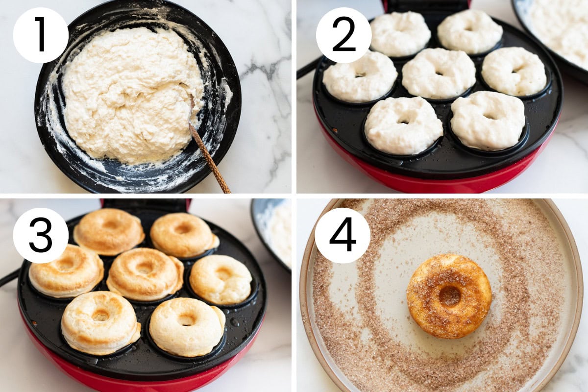 Step by step process how to make Greek yogurt donuts in a donut maker.