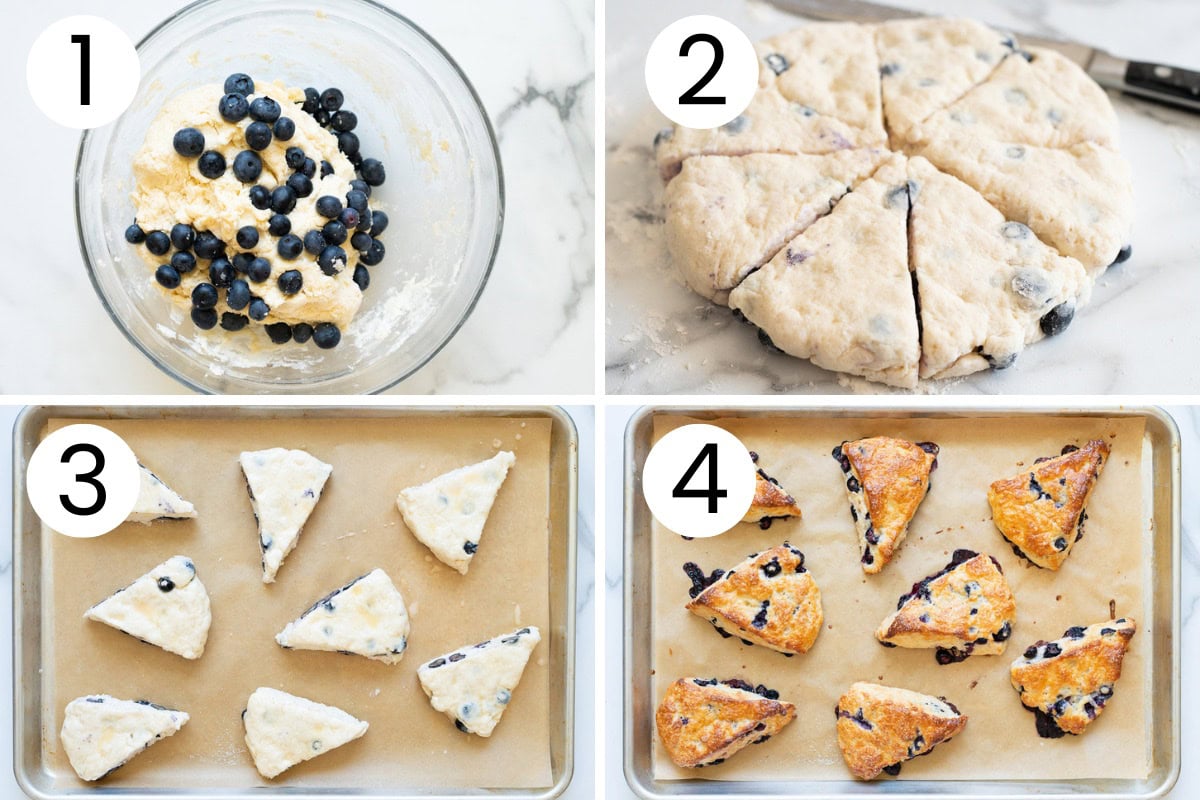 Step by step process how to make blueberry greek yogurt scones.