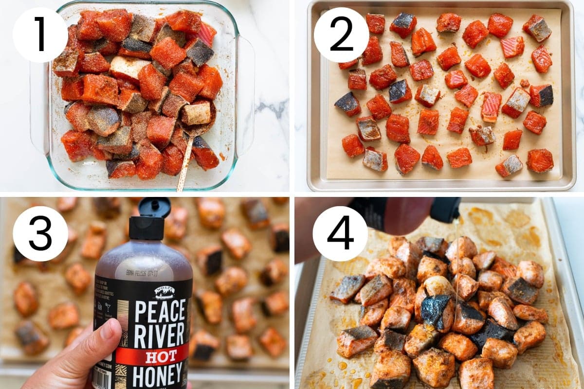 Step by step process how to make hot salmon bites in the oven.