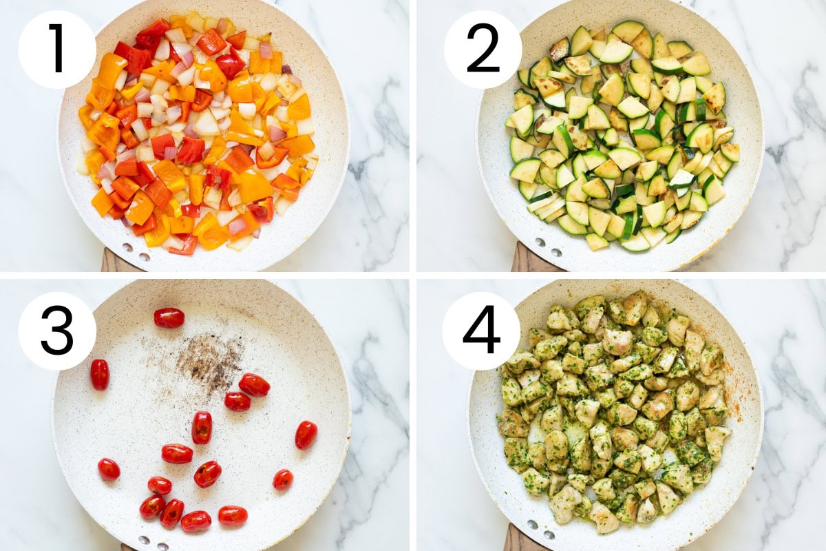 Step by step process how to make pesto chicken and vegetables skillet.