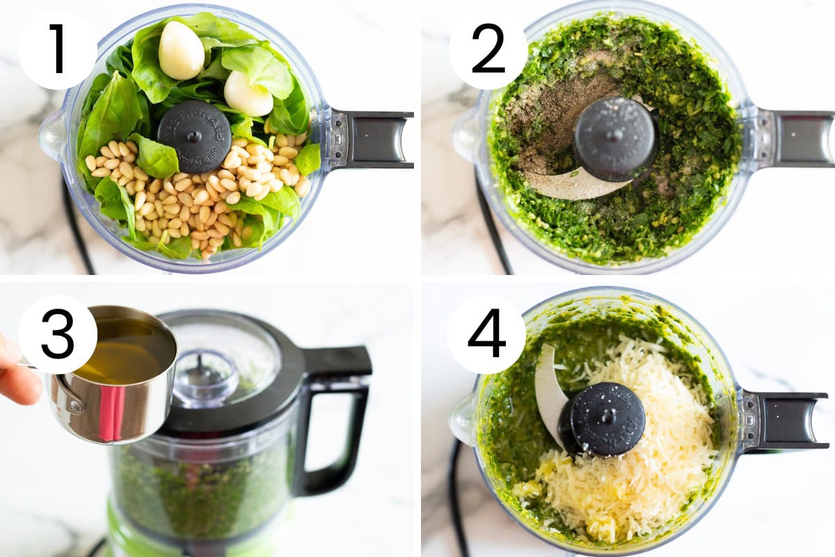 Step  process how to make basil pesto sauce in a food processor.