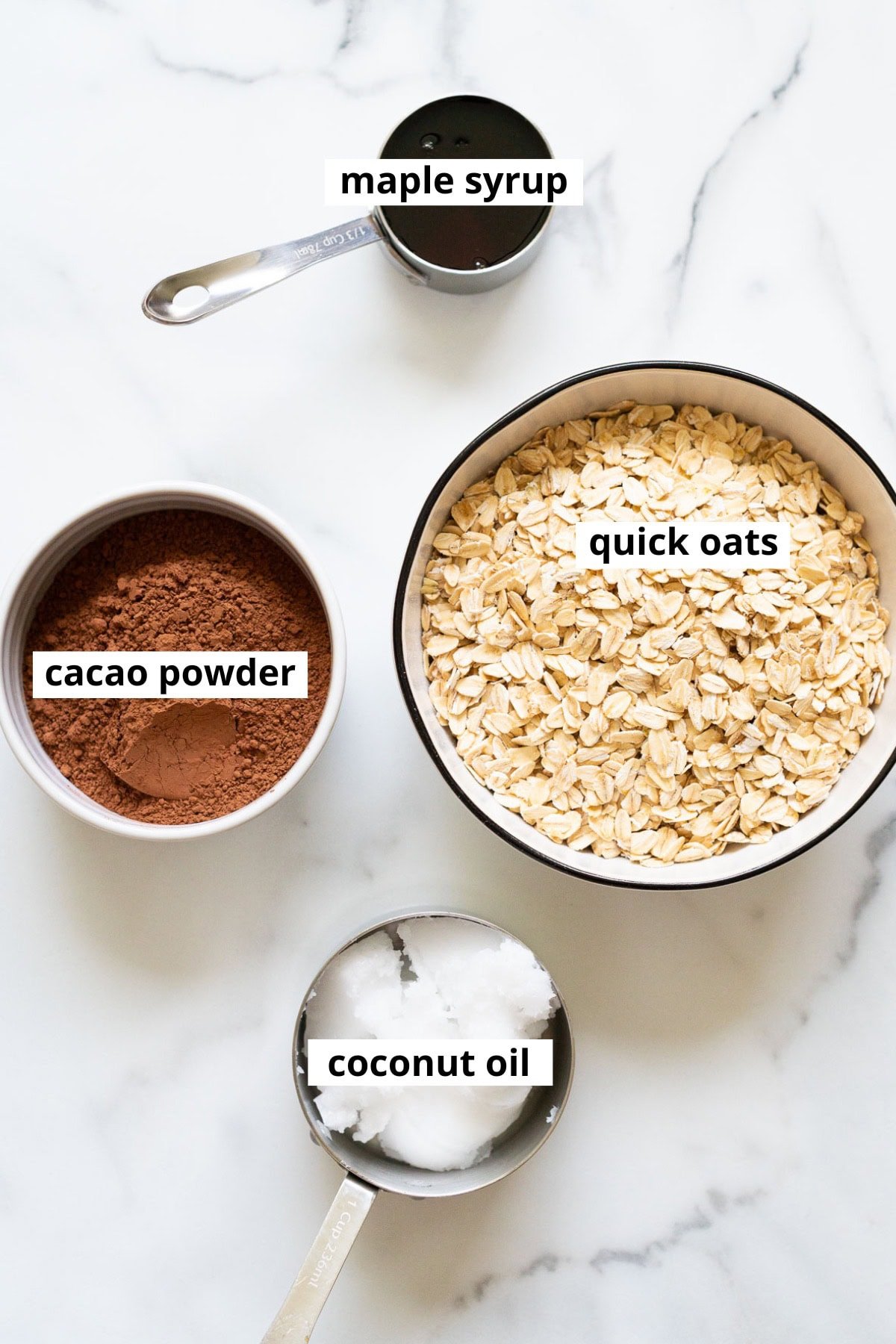 Maple syrup, coconut oil, oats, cacao powder.